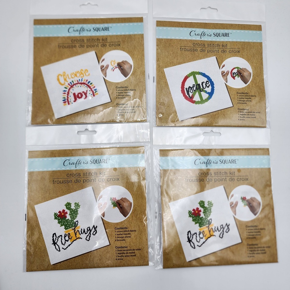 Lot of 4 CRAFTER'S SQUARE Counted Cross Stitch Kit Choose Joy, Peace, Free Hugs